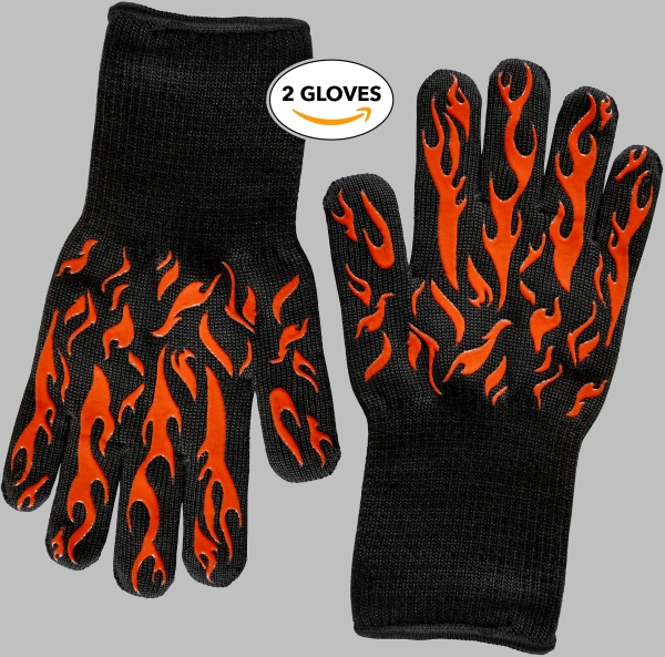 Two black bbq gloves with orange silicone flames